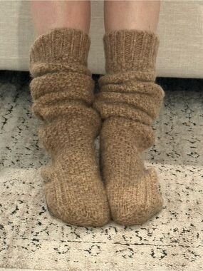 Slouchy alpaca wool-blend knitted socks in tan/light chestnut brown
